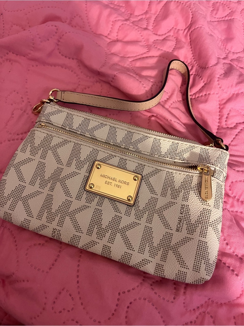 Michael Kors Cream Logo Wristlet with Gold Hardware